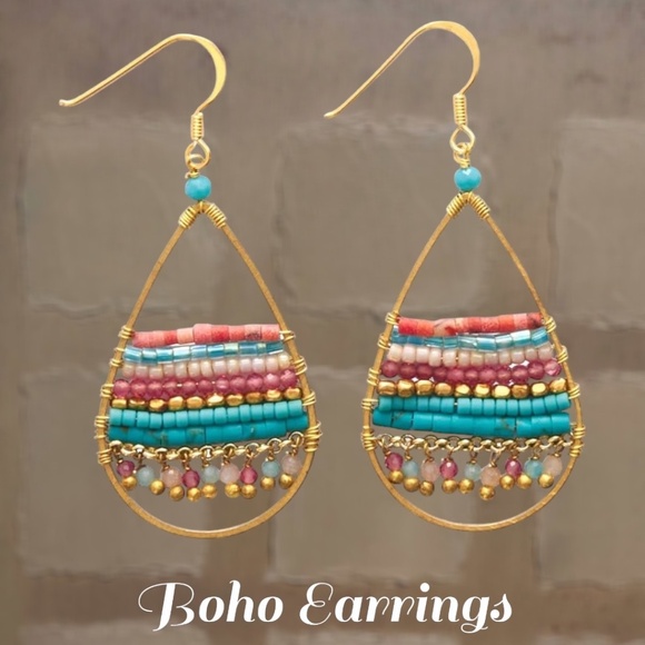 Hand Crafted Jewelry - Boho-Style Handcrafted Gold Beaded Teardrop Dangle Earrings For Women NWT